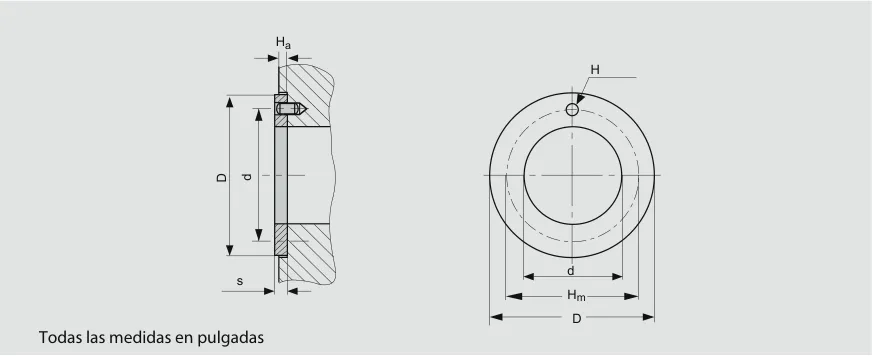 Dibujo técnico de la arandela DU en pulgadas, montada y de frente: diámetro externo D, diámetro interno d, espesor s, agujero H, diámetro PCD Hm y espesor Ha.