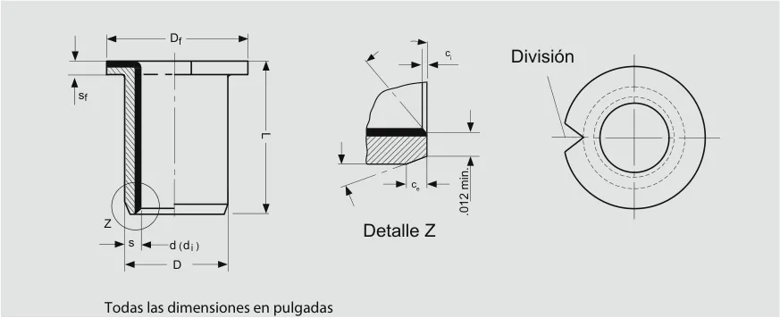 Dibujo técnico del buje DU con pestaña en pulgadas: diámetro de pestaña Df, espesor de pestaña sf, diámetro externo D, diámetro interno d (di), espesor s y longitud L. Detalle Z con los chanfles Ci y Ce y división del buje.