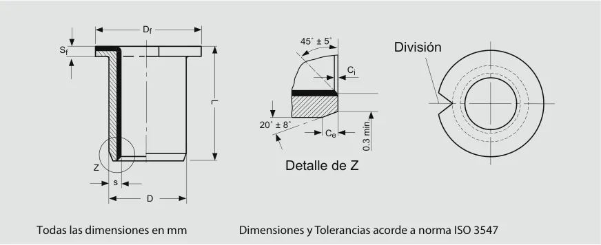 Dibujo técnico del buje DU con pestaña: diámetro de pestaña Df, espesor de pestaña sf, diámetro externo D, longitud L y espesor s. Detalle de Z: chanfles Ci a 45° ± 5° y Ce a 20° ± 8°, 0,3 mm mínimo, y división del buje.