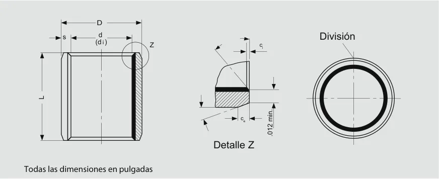 Dibujo técnico del buje DU en pulgadas: diámetro externo D, diámetro interno d (di), espesor s y longitud L. Detalle Z con los chanfles Ci y Ce, 0,012 pulgadas mínimo, y división del buje.
