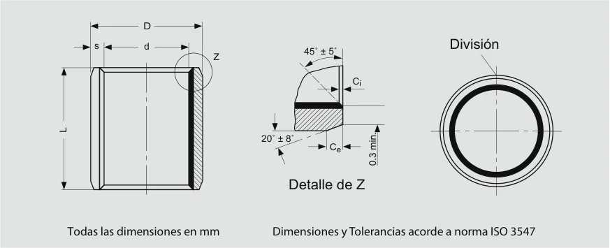 Dibujo técnico del buje DU: diámetro externo D, diámetro interno d, espesor de pared s y longitud L. Detalle de Z: chanfle interno Ci a 45° ± 5° y chanfle externo Ce a 20° ± 8°, 0,3 mm mínimo. Vista frontal con la división del buje.